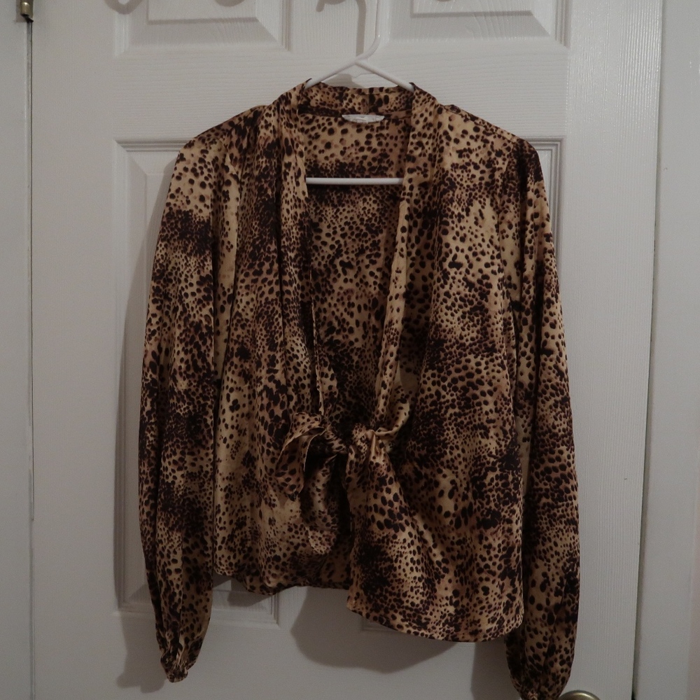 Open Front Leopard Tie Front Shirt